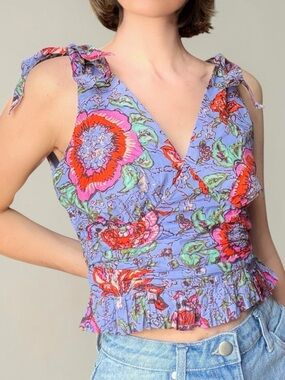 Cleobella Lavender Floral Tie-Shoulder V-Neck Shirt Camisole Organic Cotton Smal